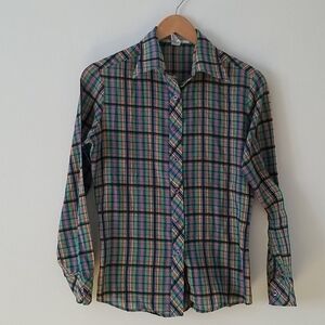 Vintage Bobbie Brooks Rainbow Plaid Button Down Top sz 11 Small